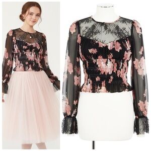 Free People Daphne Floral Ruffle Sleeve Black Pink Blouse Midnight Combo Size XL